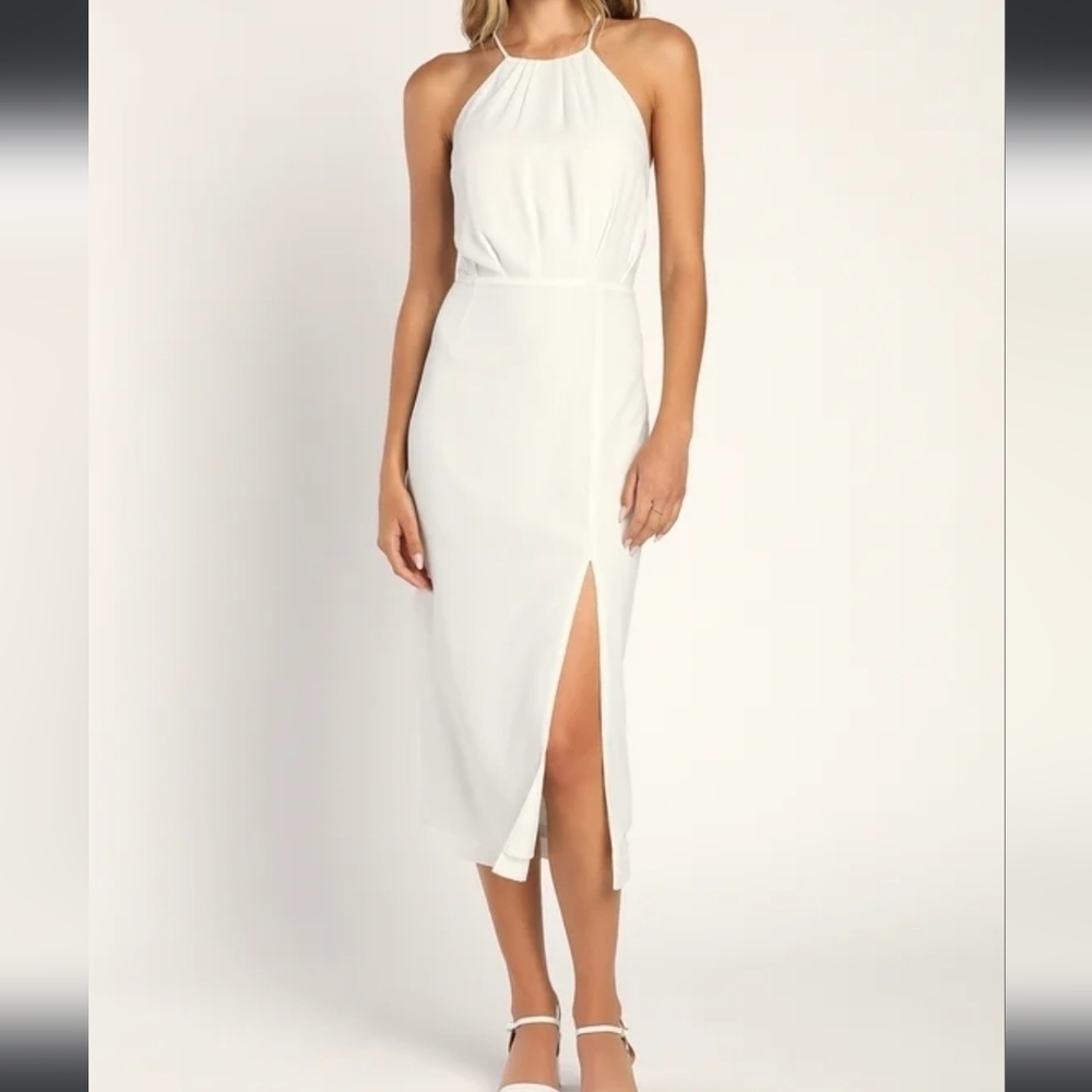 White Halter Midi Dress with Side Slit